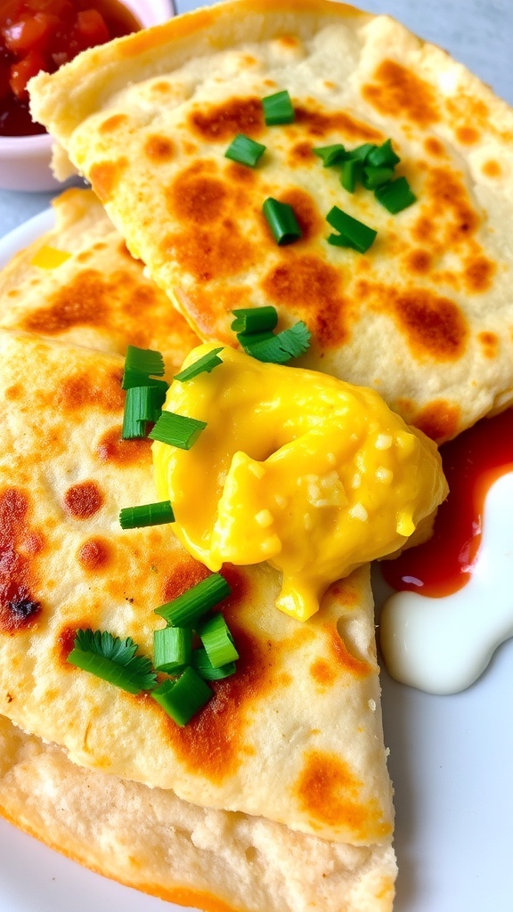 Egg and cheese quesadilla cut into wedges, garnished with cilantro, served with salsa and sour cream.